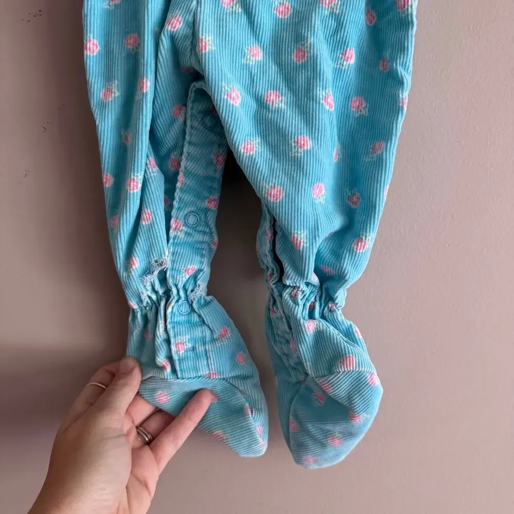 Vintage OshKosh B'Gosh Blue Corduroy Pink Flower Baby Overalls 6-9 Months - READ
